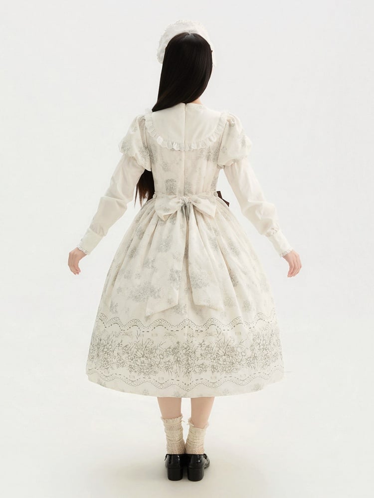 Lolita Bowknot White Floral Version One and Long Piece Embroidery Bodice Classic