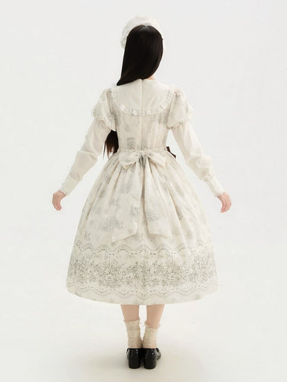Lolita Bowknot White Floral Version One and Long Piece Embroidery Bodice Classic