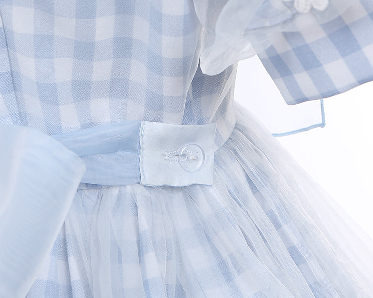 Hellblauer Matrosenkragen, weiße Gänseblümchen, kariertes süßes Kleid mit Schleifendetails