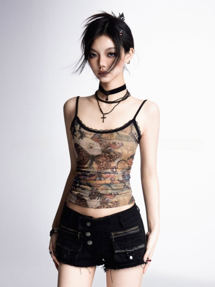 Mesh Cami Top Bittersweet Wasteland Punk Braun Schmetterlingsdruck