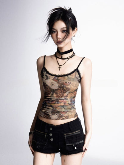 Mesh Cami Top Bittersweet Wasteland Punk Braun Schmetterlingsdruck