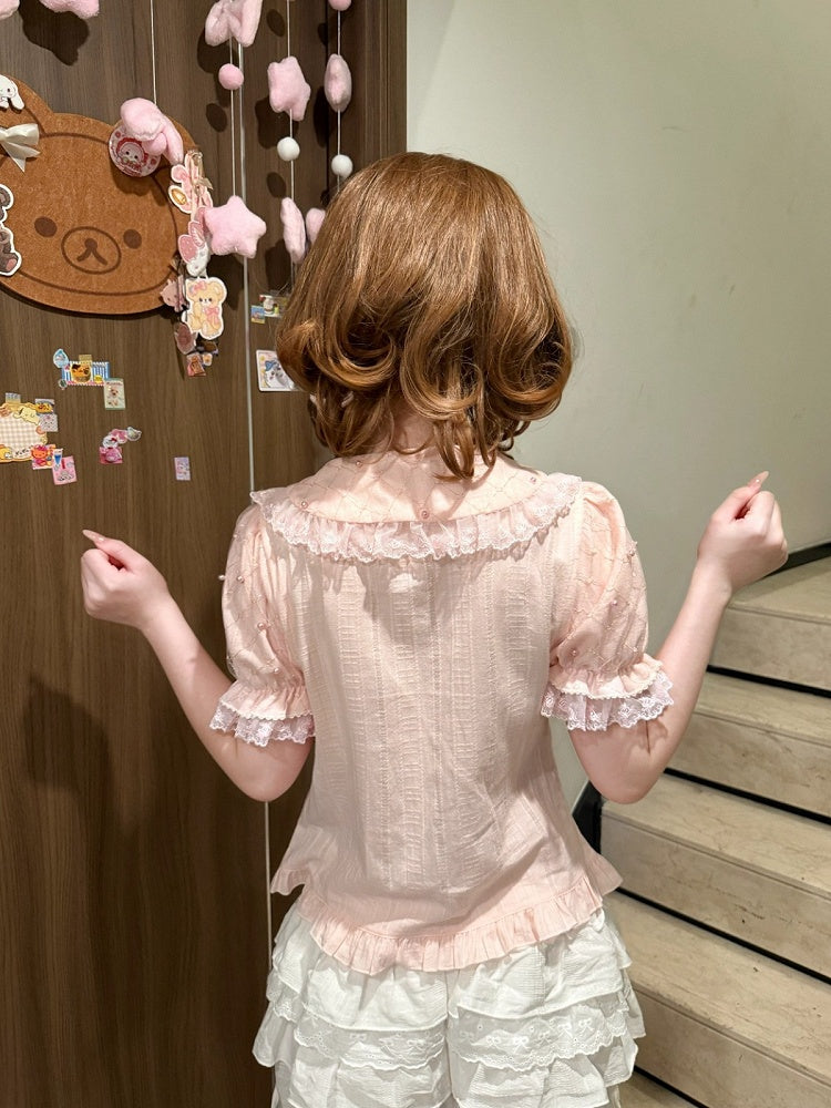 Pink Short Sleeve Lolita Cotton Blouse with Lace Bead Details - Jelly Girl