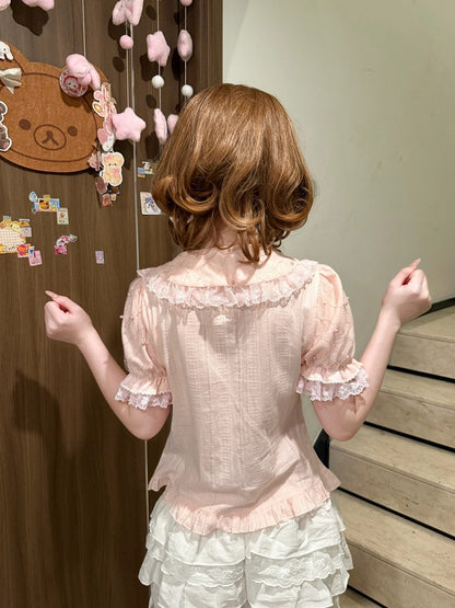 Pink Short Sleeve Lolita Cotton Blouse with Lace Bead Details - Jelly Girl