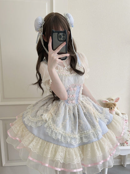 Chinoiserie Trim Dress Lolita Lace Blue Ballet-Inspired Frog Cute Button JSK