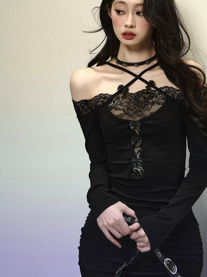 Black Lace Patchwork Mermaid Skirt Cross-strap Halter Maxi Dress Evening Gown