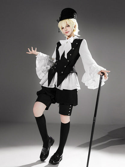Black Ouji Lolita Deep V-Neck Waistcoat with Pointed Hem and Silver Buttons - Princess Chronicles