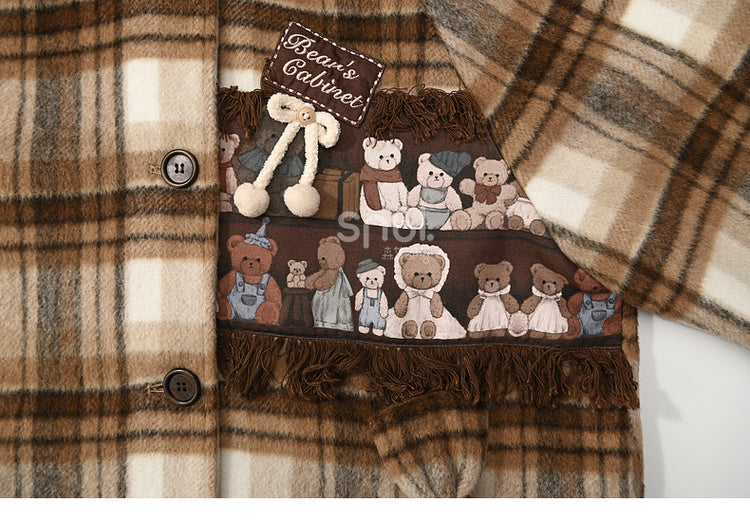 Brauner Wollmantel mit süßer Bären-Applikation und karierter Kapuze, lange Version