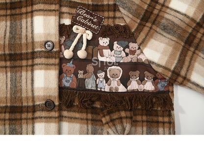 Brauner Wollmantel mit süßer Bären-Applikation und karierter Kapuze, lange Version