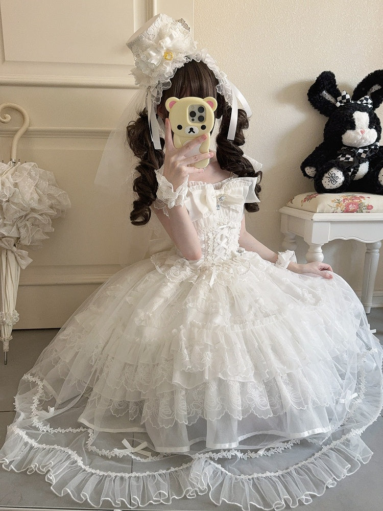 Multi-Layer JSK + Lace Dress Bows Details White / Pure Hanayome-Style Full Overlay Rhinestone Lolita with Set