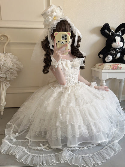 Multi-Layer JSK + Lace Dress Bows Details White / Pure Hanayome-Style Full Overlay Rhinestone Lolita with Set