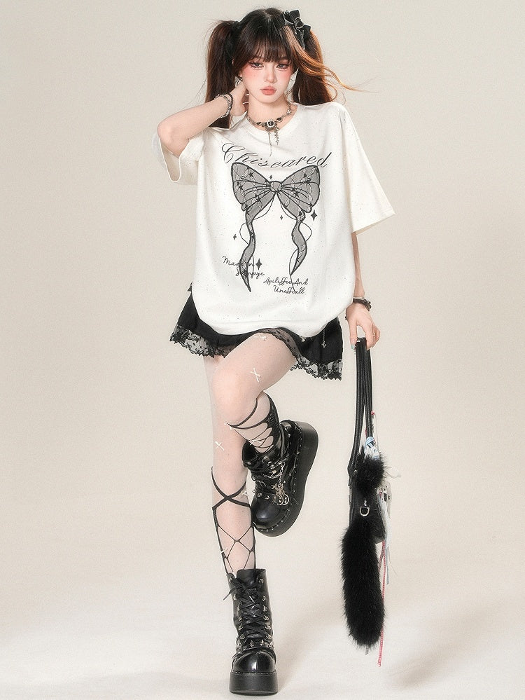 かわいいTシャツプリントアップリケとデイリーレターボウスタービッグホワイト/ブラック