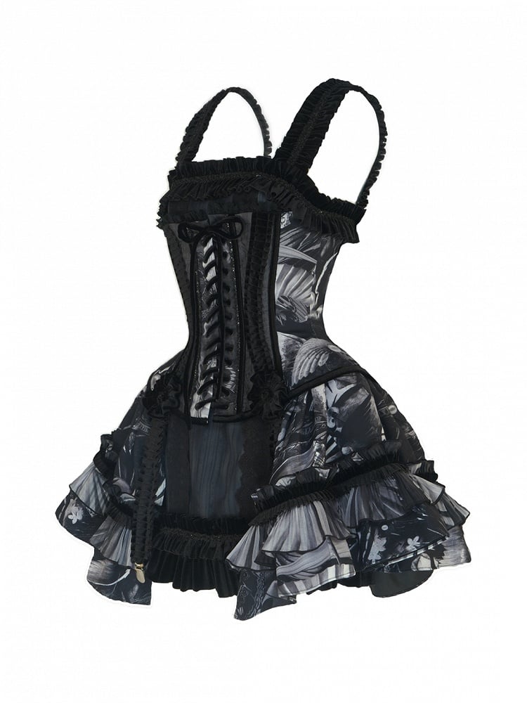 Ruffles and Black Lolita with Boned Short Pearl Shell Gothic Print Dress Corset