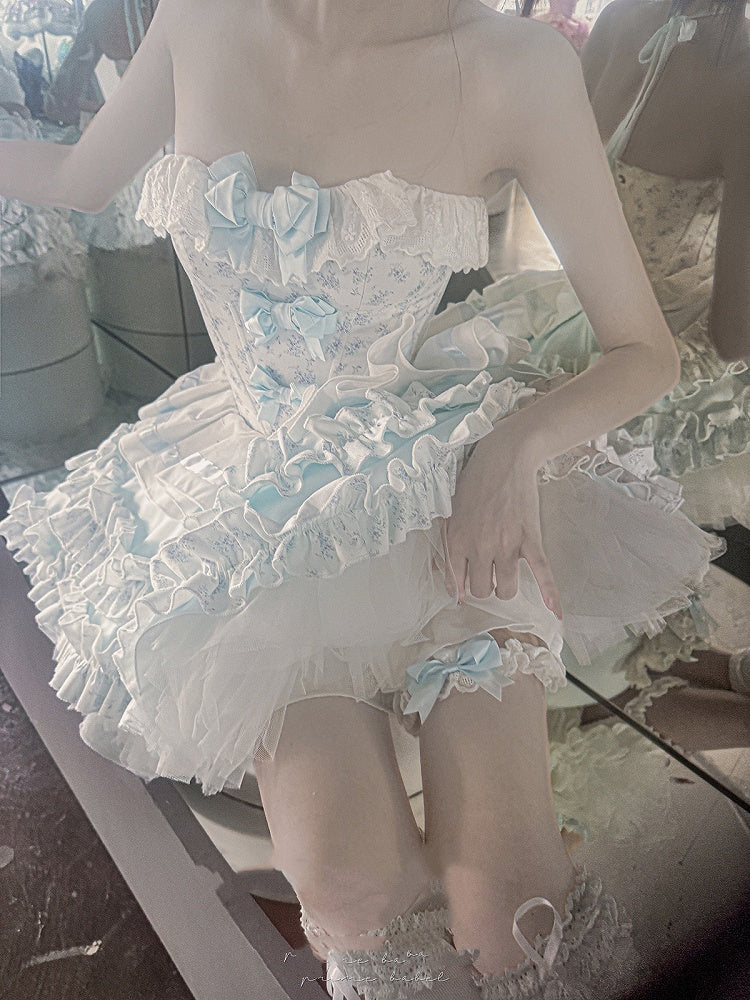 Cropped Details Bodice Floral Strapless Top + Tiered Skirt + Ful Blue Bowknot on Set Top