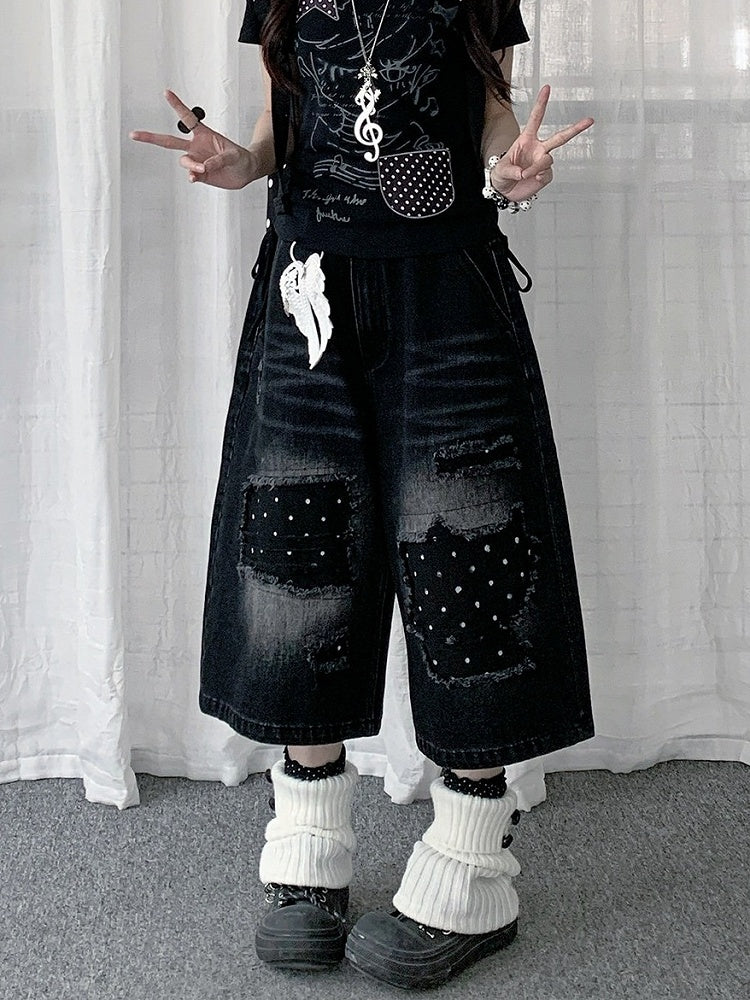 Black Distressed Wide Leg Jeans with Polka Dot Pattern - Solkatt