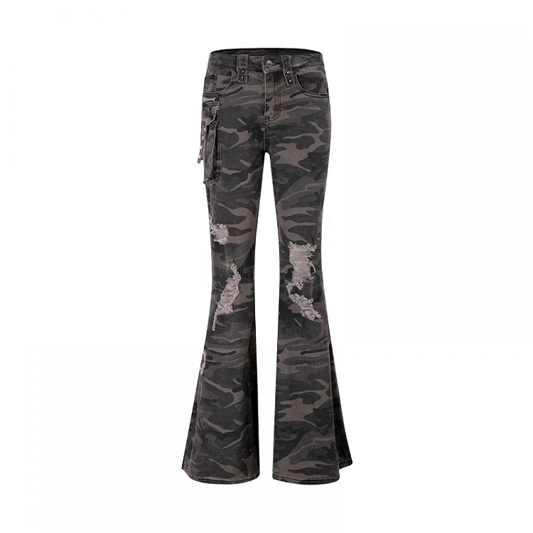 Camouflage Low Flared Cargo Pants Rise Distressed Holes
