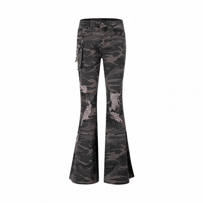 Camouflage Low Flared Cargo Pants Rise Distressed Holes