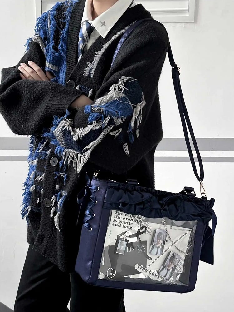 Bortenhaltertasche Ita Schleife Karte Dunkler Satin Selbstbinder Träger Rüsche Mit Blau