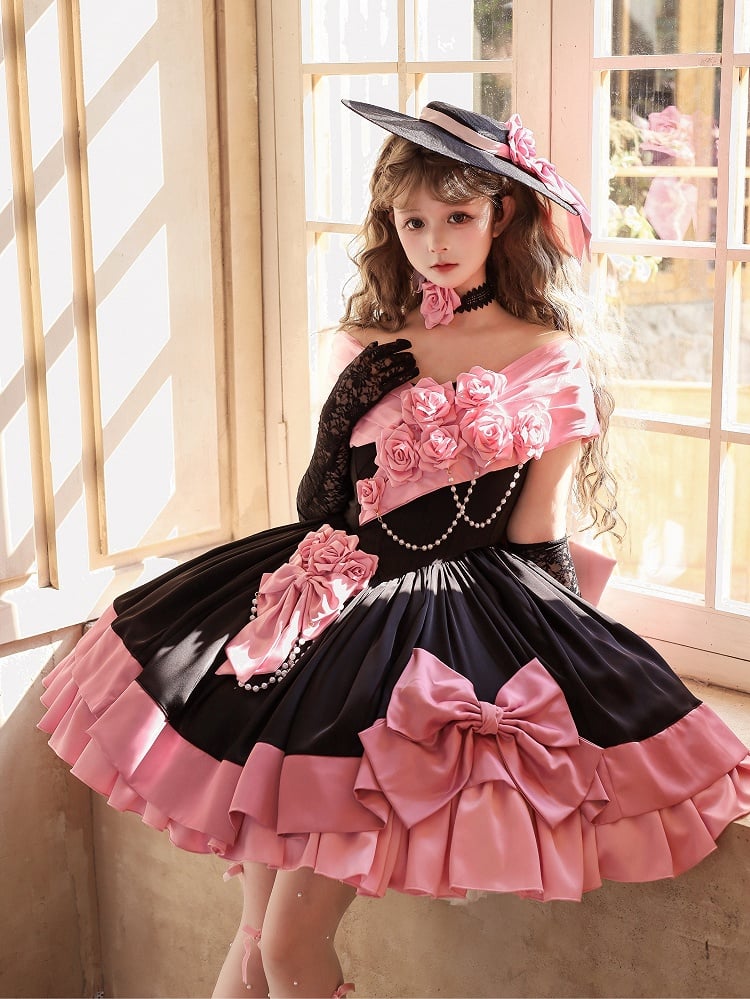 Pink Black Off-Shoulder Boned Lolita Gown - Treasure Box Factory
