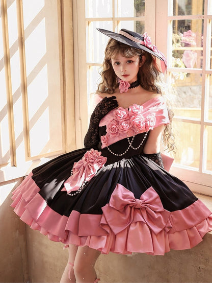 Pink Black Off-Shoulder Boned Lolita Gown - Treasure Box Factory