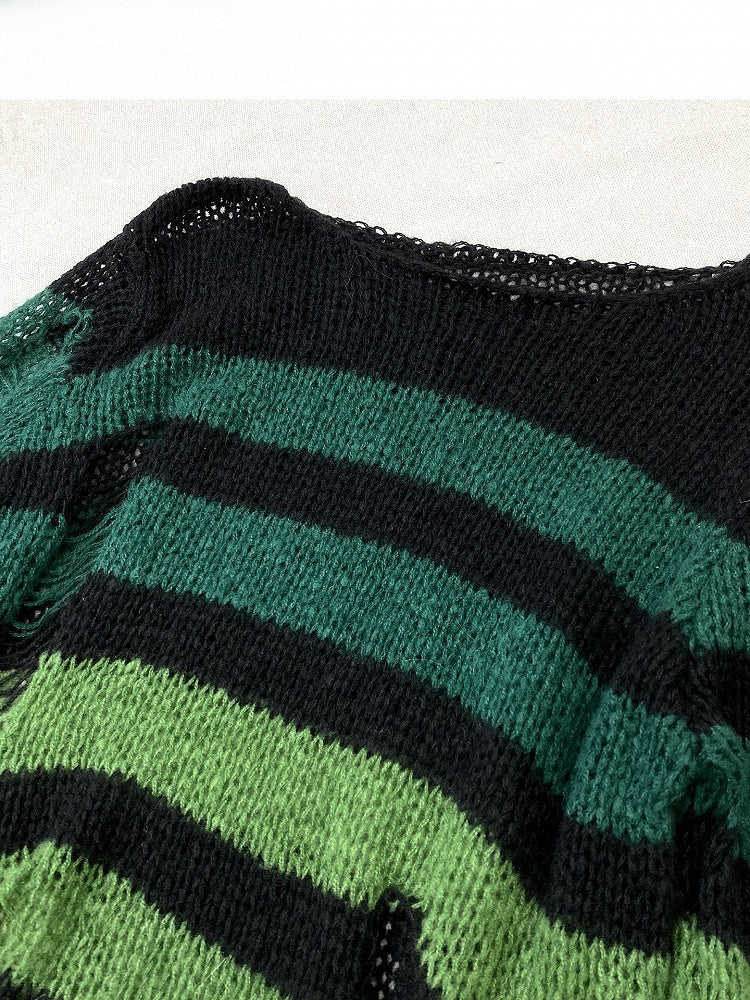 Muster Y2K Grün Cut-out Ausschnitt Details Asymmetrischer Pullover Gestreift