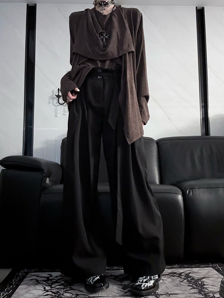 with Belt Self-tie Elegant Black Wide-leg Pants