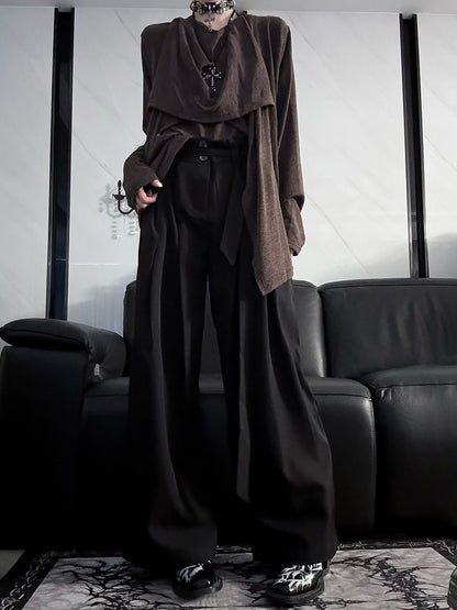 with Belt Self-tie Elegant Black Wide-leg Pants