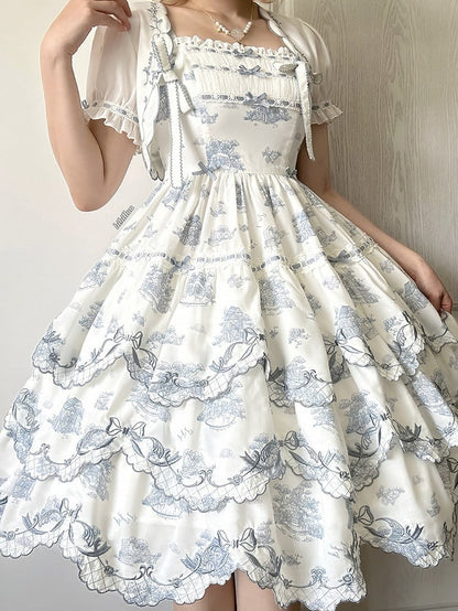 White & Blue Floral Embroidered Lolita Jumper Skirt with Detachable Belt - CEL