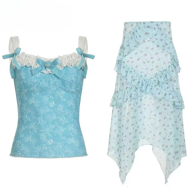 Top Holiday Trim Floral Bowknot + Details Cami Ruffles Blue