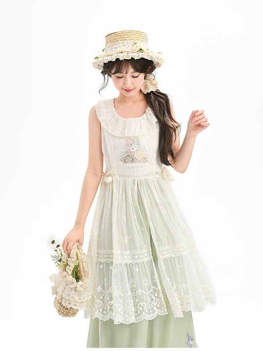 Side Self-tie Fawn Embroidery Chiffon Overdress Neckline with White Semi-Sheer Ruffle Straps