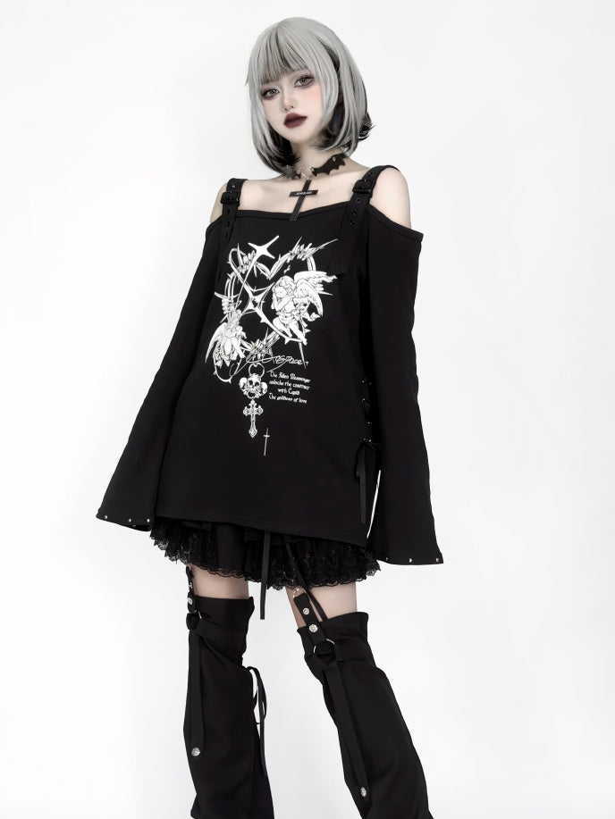 Studded Print Angel with Top Off-Shoulder Black Sleeves