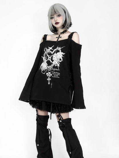 Studded Print Angel with Top Off-Shoulder Black Sleeves