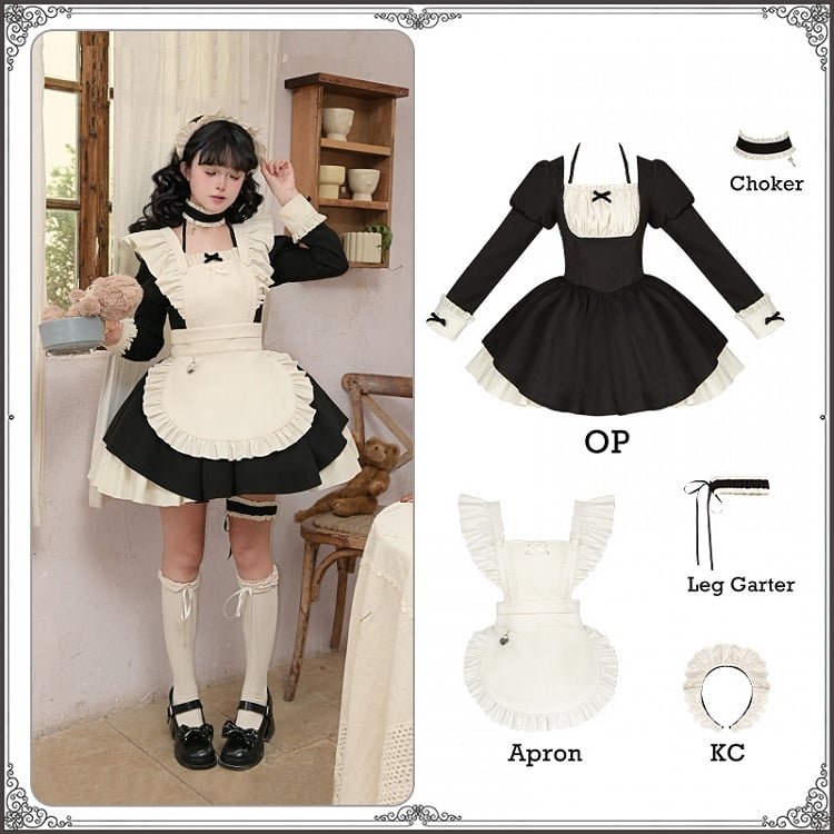 + Lolita Choker - Leg Apron KC OP Set Garter Black Dress Beige Short Maid