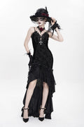 Black Cross Ruffled Floral Embroidered Chain Gothic Slip Dress