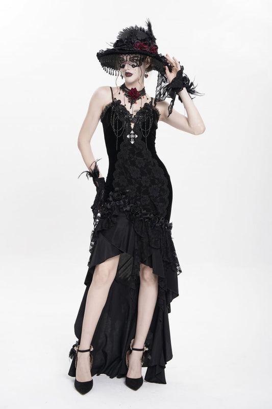 Black Cross Ruffled Floral Embroidered Chain Gothic Slip Dress