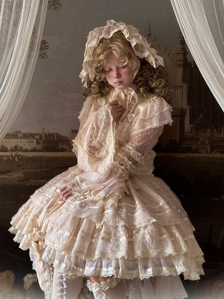 Retro Beige Lolita Lace Gown with Satin Ribbon Accents - Twin Bear Original Design