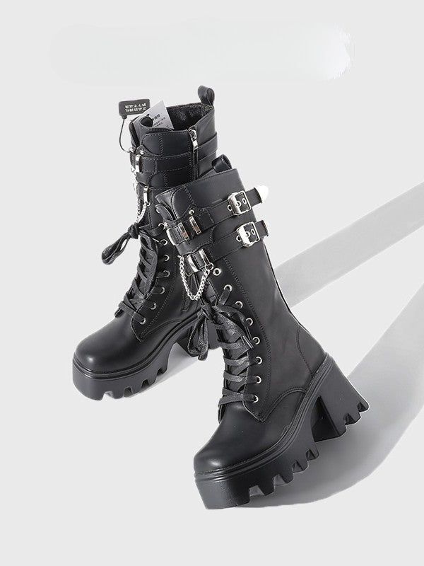 Boots Charm Gothic Mid-Calf Chain Sole - System Chunky Fastening Black Triple with