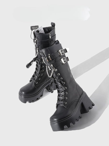 Boots Charm Gothic Mid-Calf Chain Sole - System Chunky Fastening Black Triple with