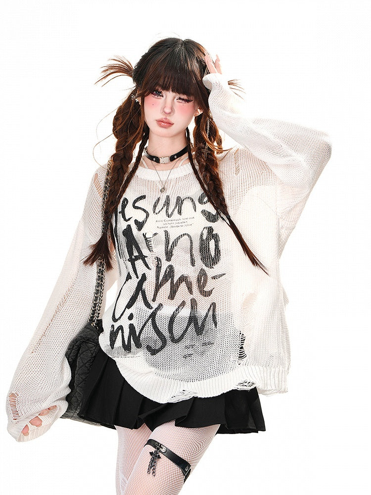 Top Distressed Weiß/Braun/Schwarz Buchstabendruck Löcher Sommer Sonnenschutz Aushöhlen