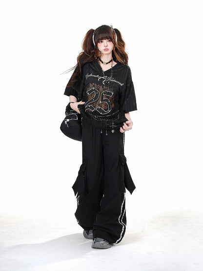 大きなリボンカーゴポケット付きブラックワイドレッグパンツ