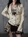 Yellow Belt Rose Jacket with Punk Buckle Embroidery Cropped Tailored Khaki