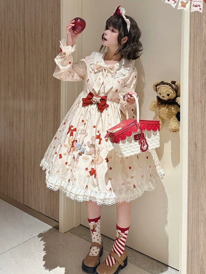 Peter Pan Collar Bear & Cake Print OP Dress with Bow - Honey Village