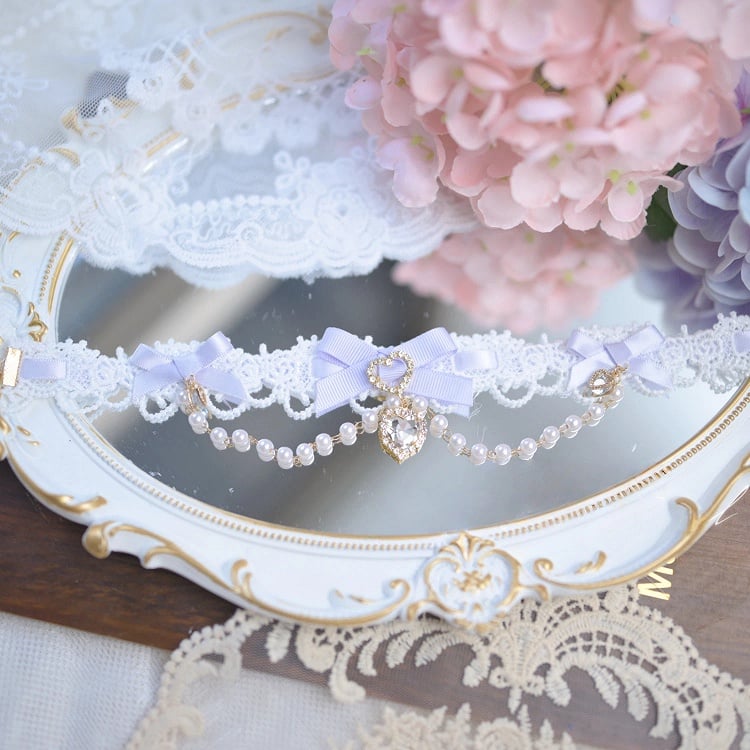 7 and Kei Jirai Beaded Chain Colors Charms Heart Choker Rhinestone Bow with