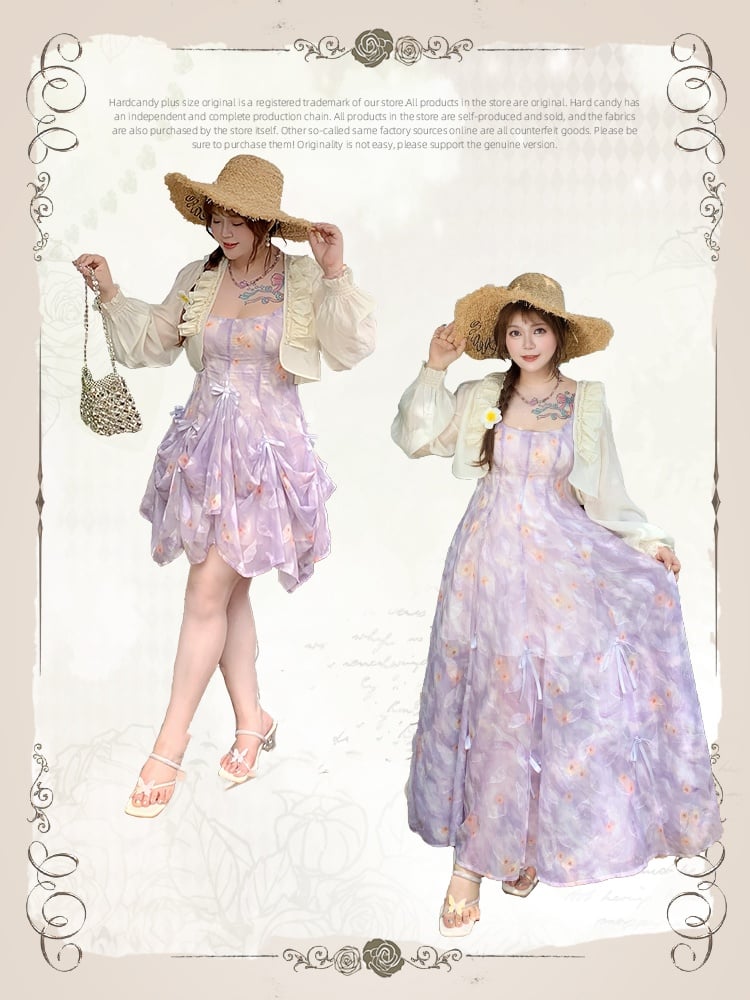 Details Chiffon-Camisole-Kleid mit Blumenmuster, drei Möglichkeiten, Übergröße, lila Schleifen