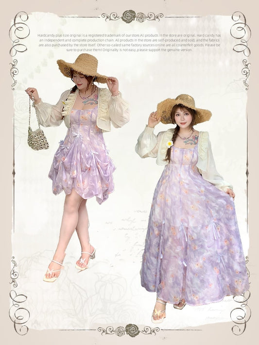 Details Chiffon-Camisole-Kleid mit Blumenmuster, drei Möglichkeiten, Übergröße, lila Schleifen