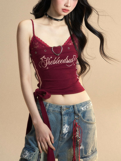 サイドキャミワインレッドVネックグラマラスクロップトップ、大きなリボン付き