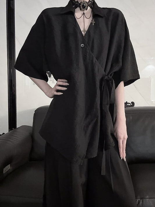 Shirt Style Sleeve Cheongsam Black Short