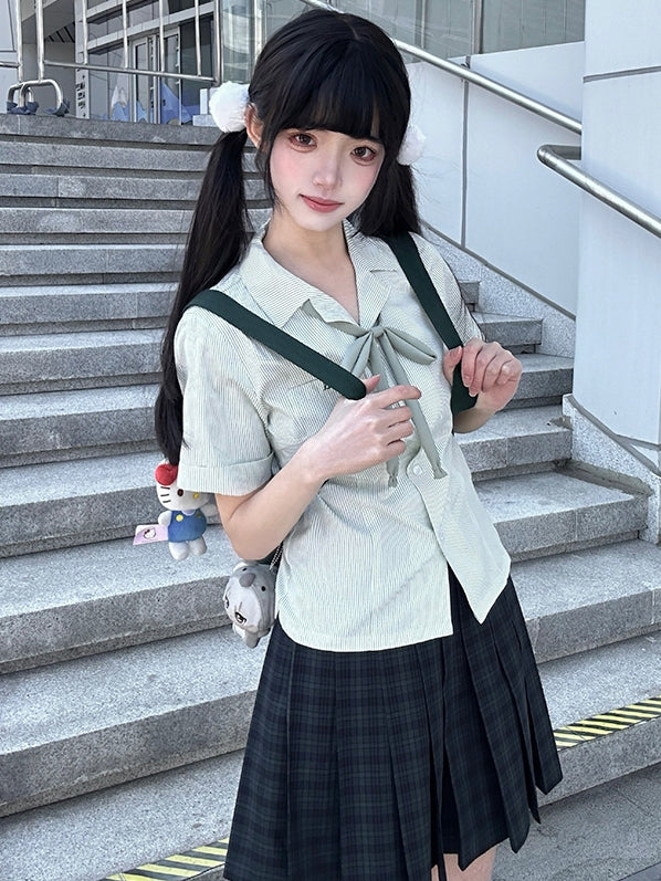 Short Sleeves Preppy Style Uniform Shirt Blue/Gray/Green Striped JK Pattern