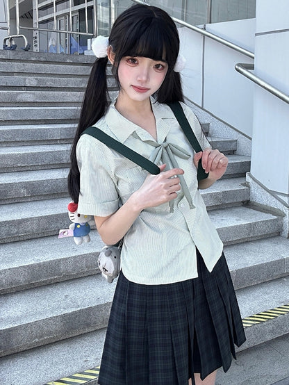 Short Sleeves Preppy Style Uniform Shirt Blue/Gray/Green Striped JK Pattern