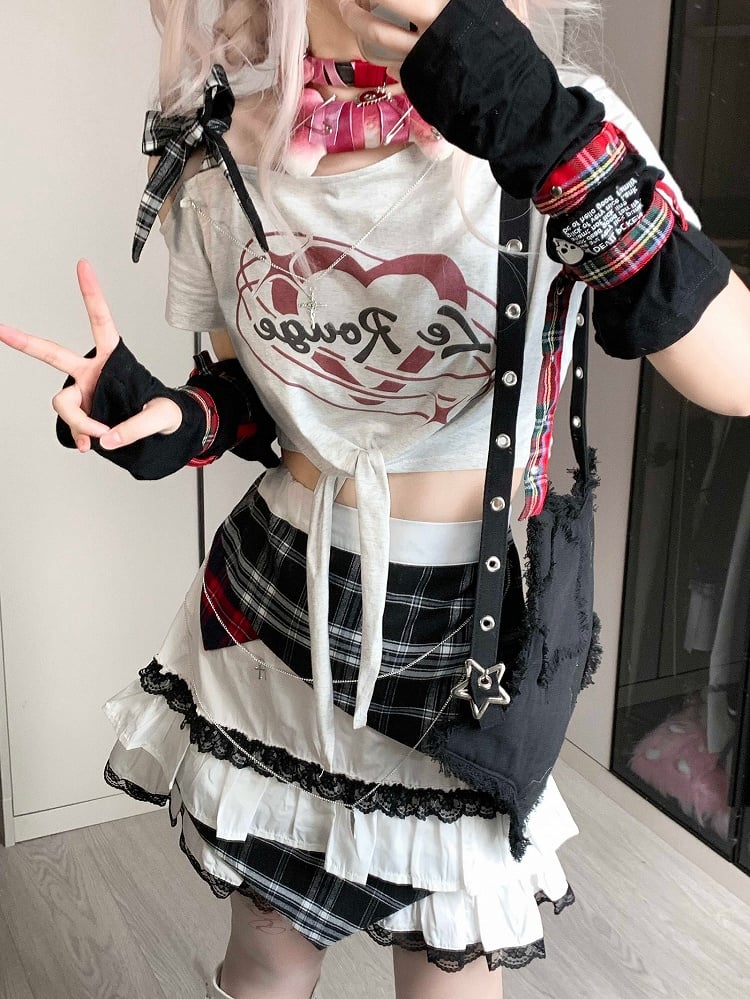 スカート ティアード ジライ チェック柄 ケイ トリム レース アイドル ホワイト