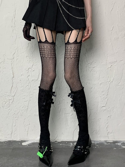 Pattern Floral Stockings Underknee Y2K Bowknot Black Semi-sheer Details